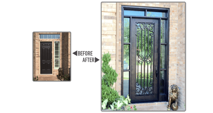 Old fashioned wooden front door replaced with modern iron front door