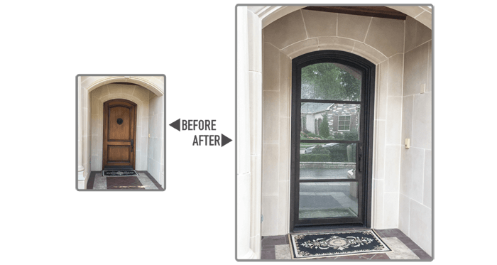 Wooden eyebrow top single door replaced with custom iron eyebrow top front door