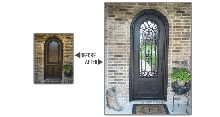 Round top single front door made from wood replaced with modern iron work front door