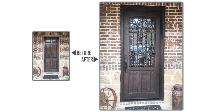 Wooden square top single door replaced with an intricate iron work square top single door