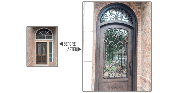Wood front door with square top replaced with bronze finish iron door with eyebrow top