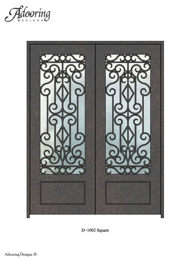 Square top door with large window and complex ironwork pattern