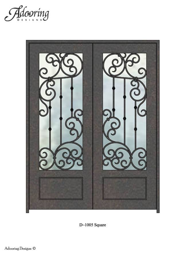 Square top iron door with large window and intricate design