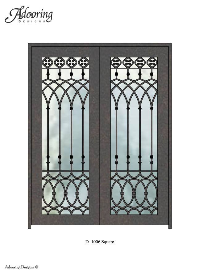 Square top iron door with large window and complex design