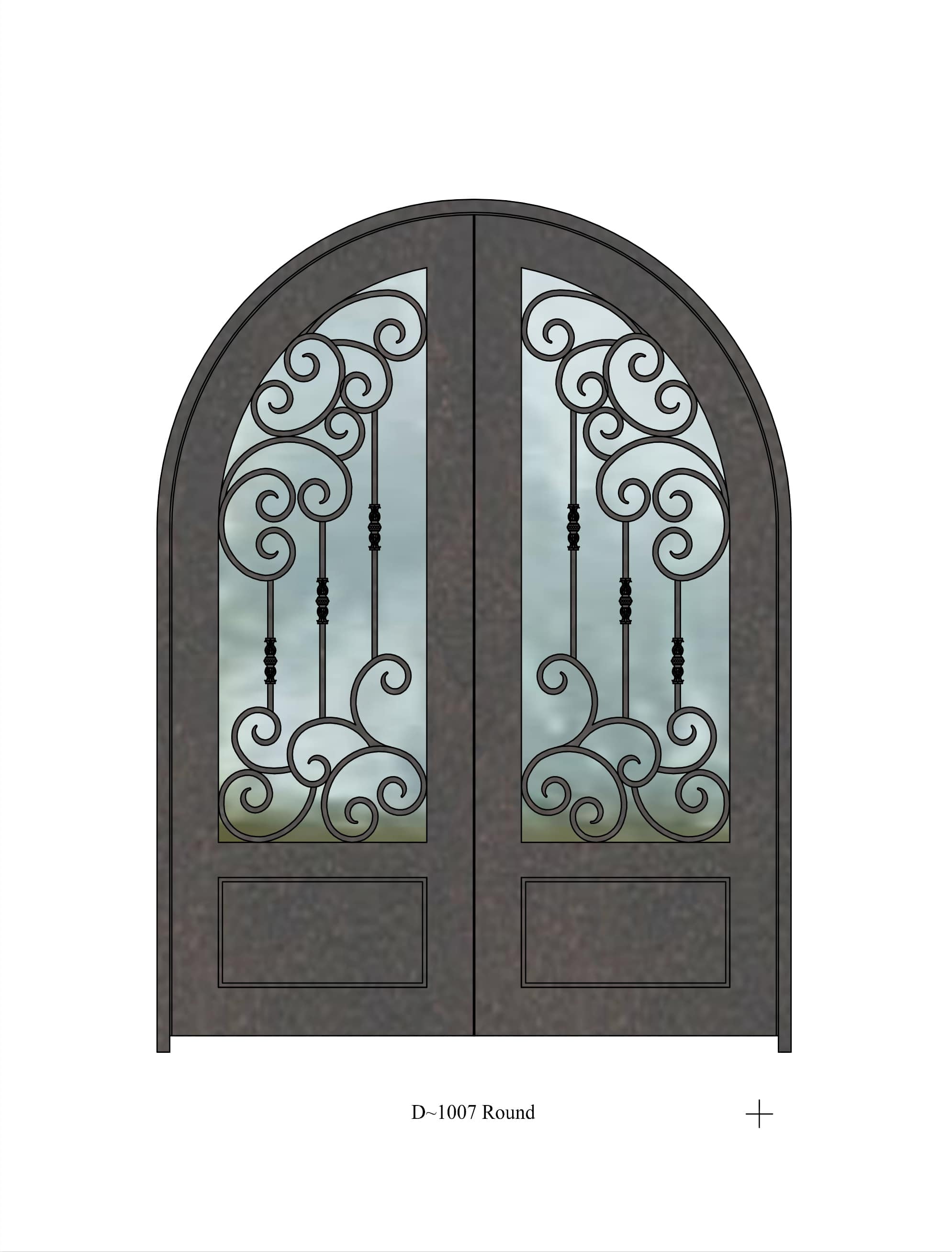 Round top iron door with large window and intricate pattern