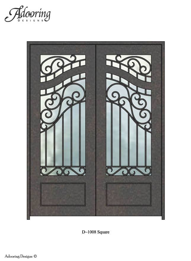 Square top iron door with large window and complex pattern