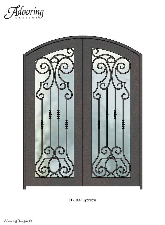 Large window in eyebrow top iron door with intricate design