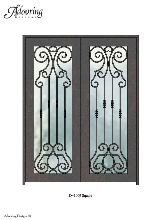 Large window in Square top iron door with intricate design
