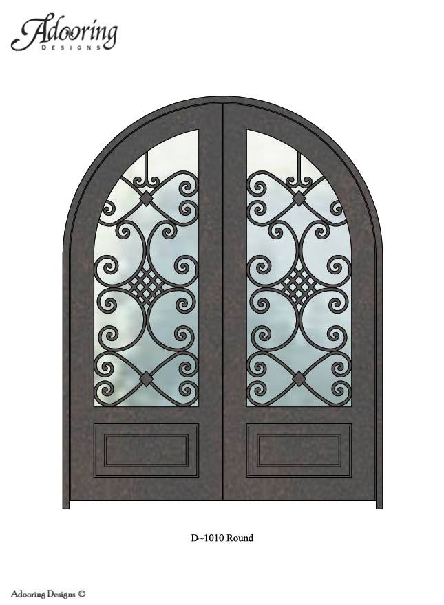 Large window in Round top iron door with complex design