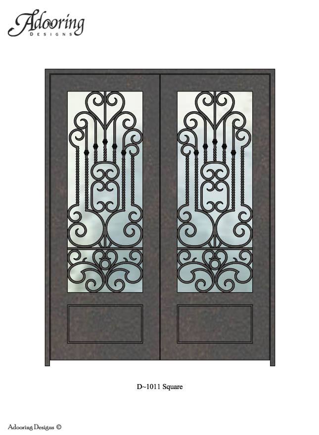 Large window in Square top iron door with intricate pattern