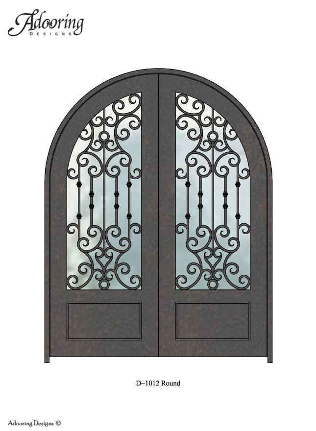 Large window in Round top iron door with complex pattern