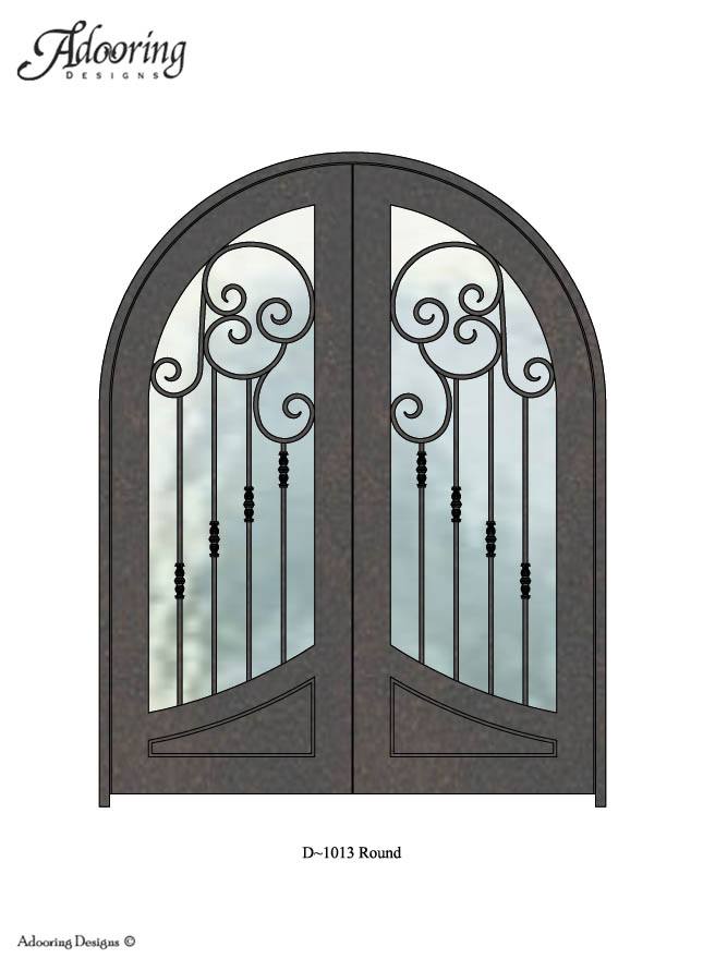 Large window in iron door with Round top and intricate design