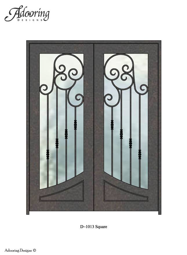 Large window in iron door with Square top and intricate design
