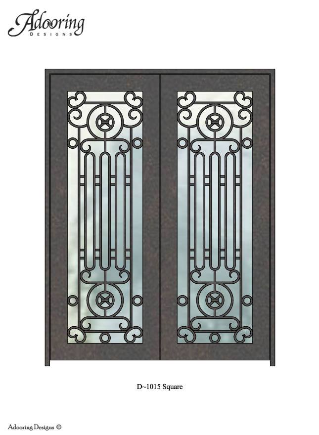 Large window in iron door with Square top and intricate pattern