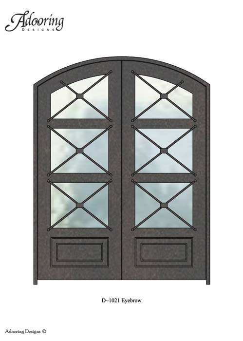 Large window in eyebrow top double door with intricate design