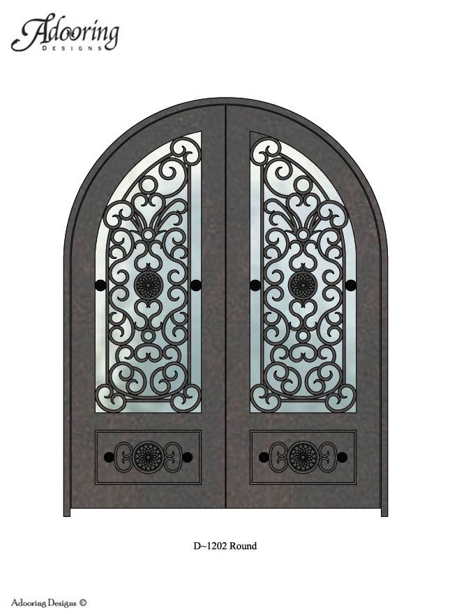 Round top single door with large window and intricate design