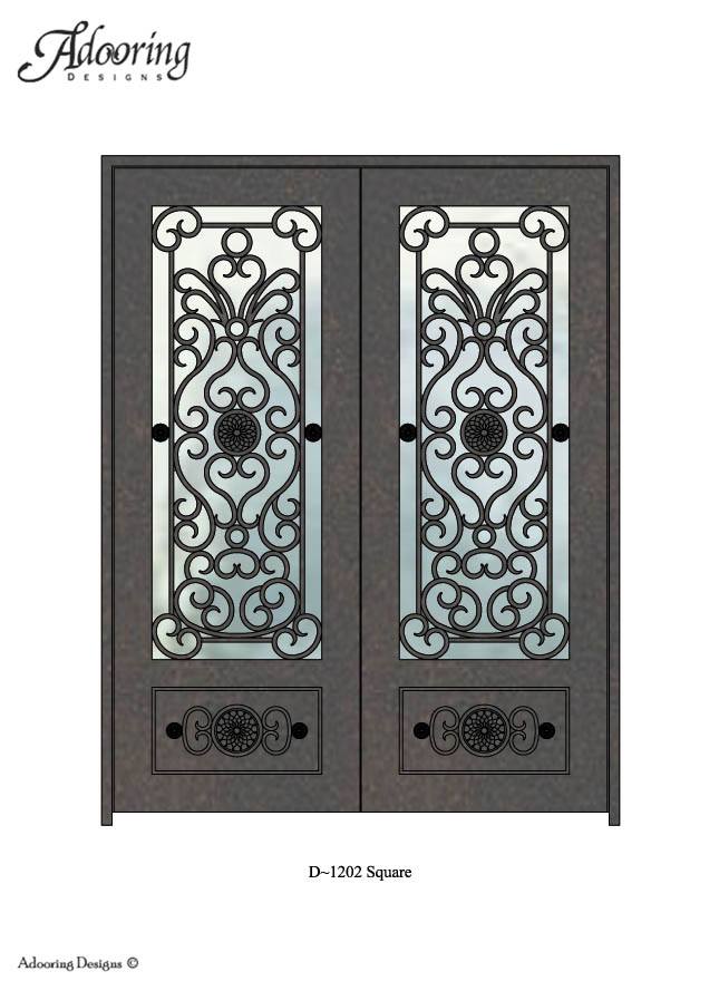 Square top single door with large window and intricate design