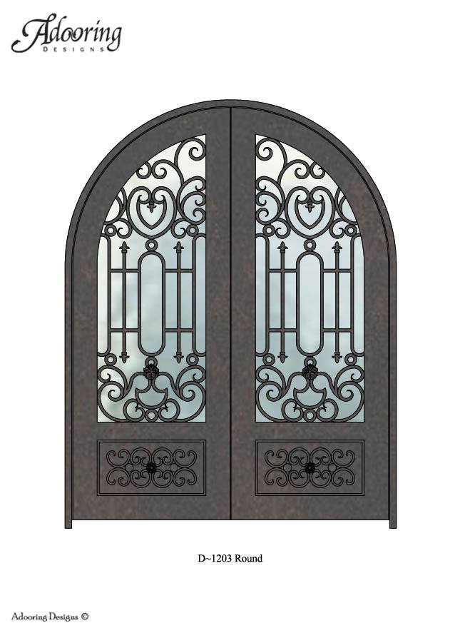 Round top single door with large window and complex design