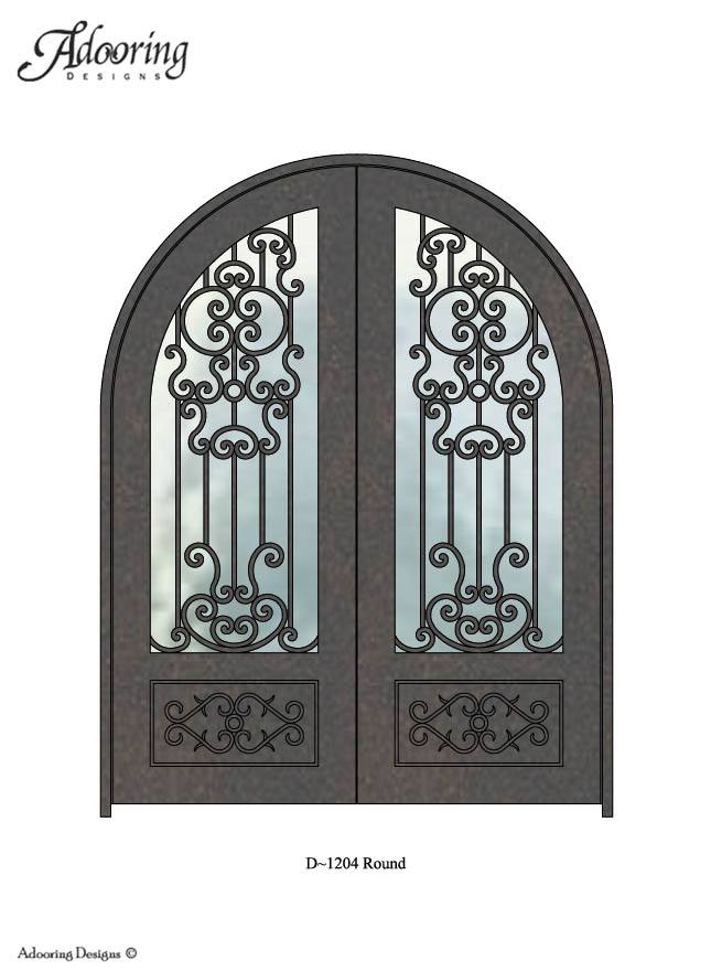 Round top single door with large window and intricate pattern