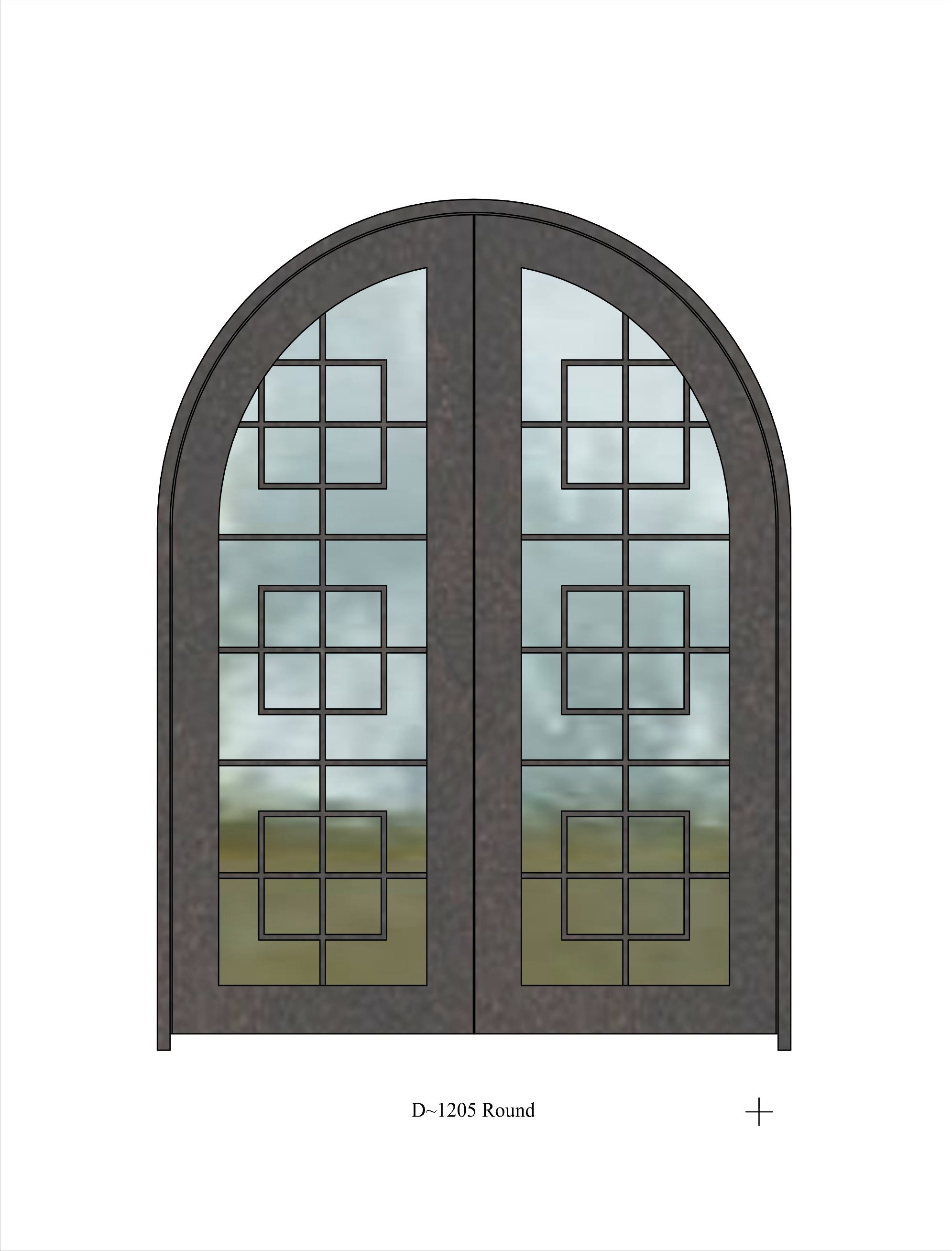 Round top single door with large window and complex pattern