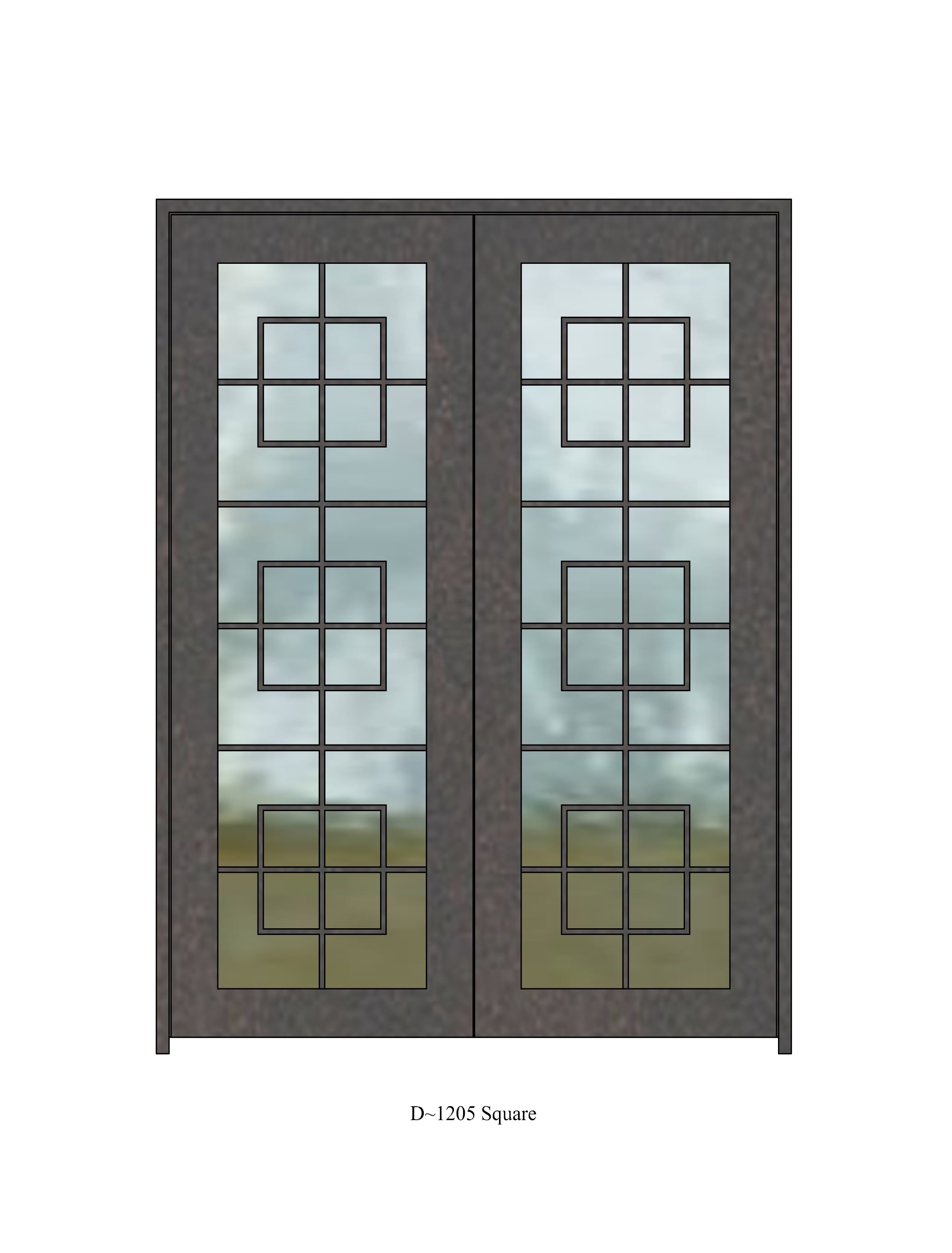 Square top single door with large window and complex pattern