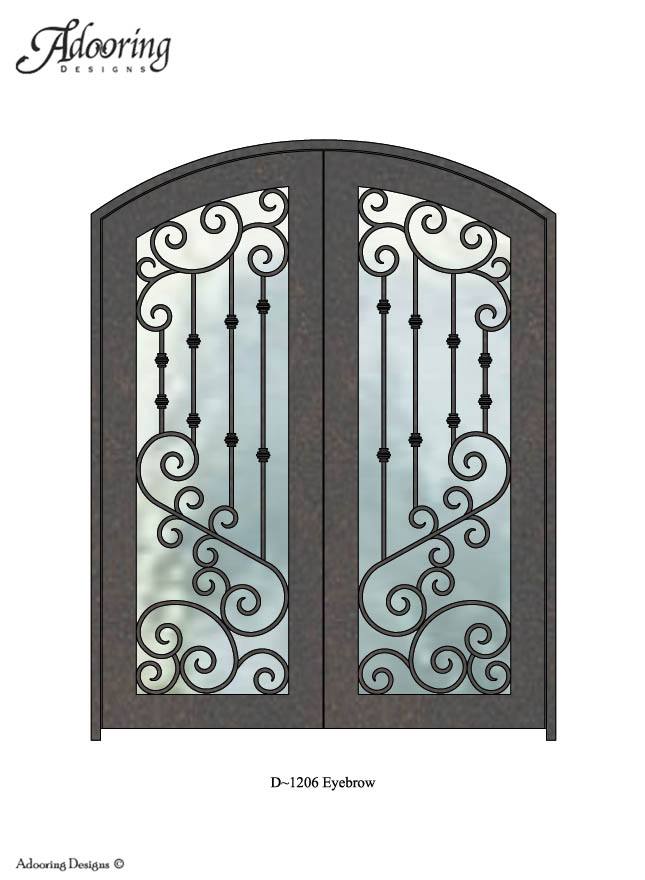 Eyebrow top double iron door with large window and intricate design