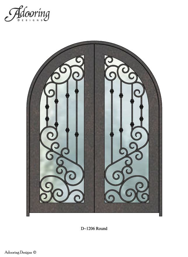 Round top single iron door with large window and intricate design