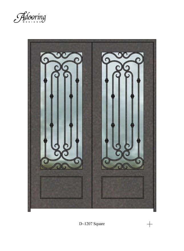 Square top single iron door with large window and complex design