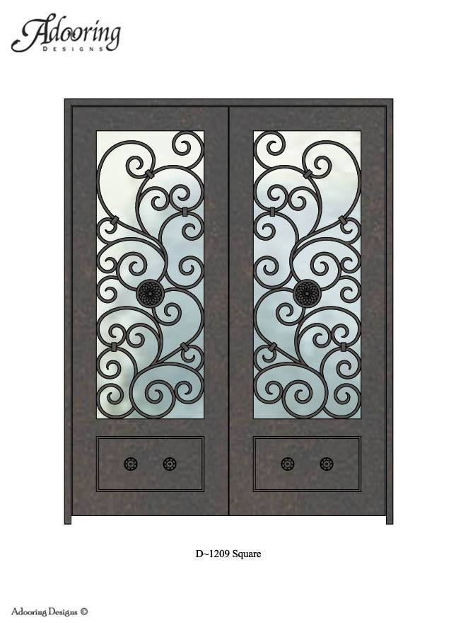 Square top single iron door with large window and intricate pattern