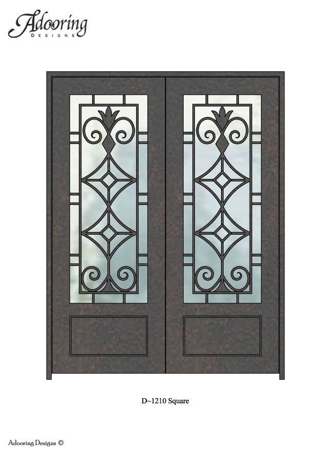 Square top single iron door with large window and complex pattern