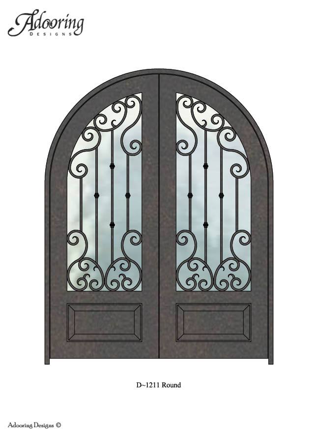 Round top door with large window and intricate ironwork design