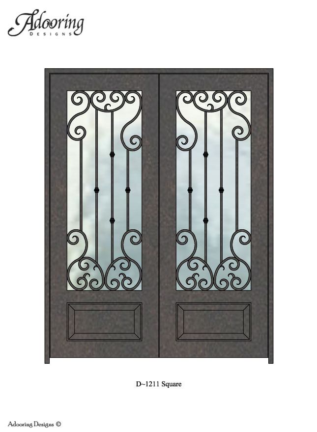 Square top door with large window and intricate ironwork design