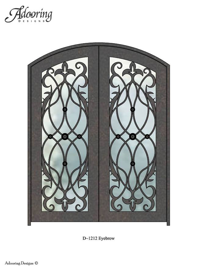 Eyebrow top door with large window and intricate ironwork design
