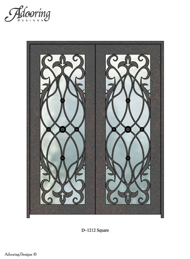 Square top door with large window and complex ironwork design