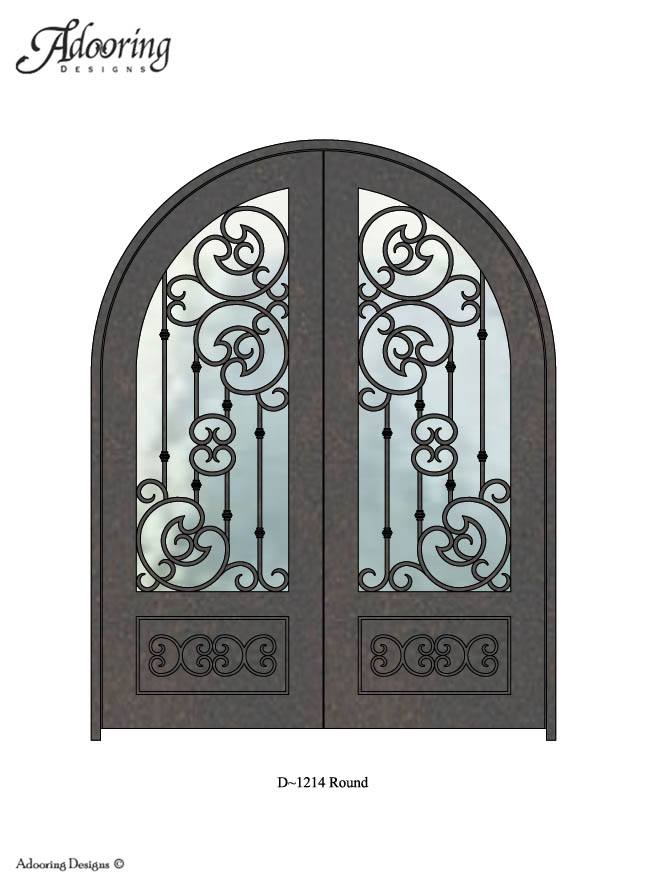 Round top door with large window and complex ironwork pattern