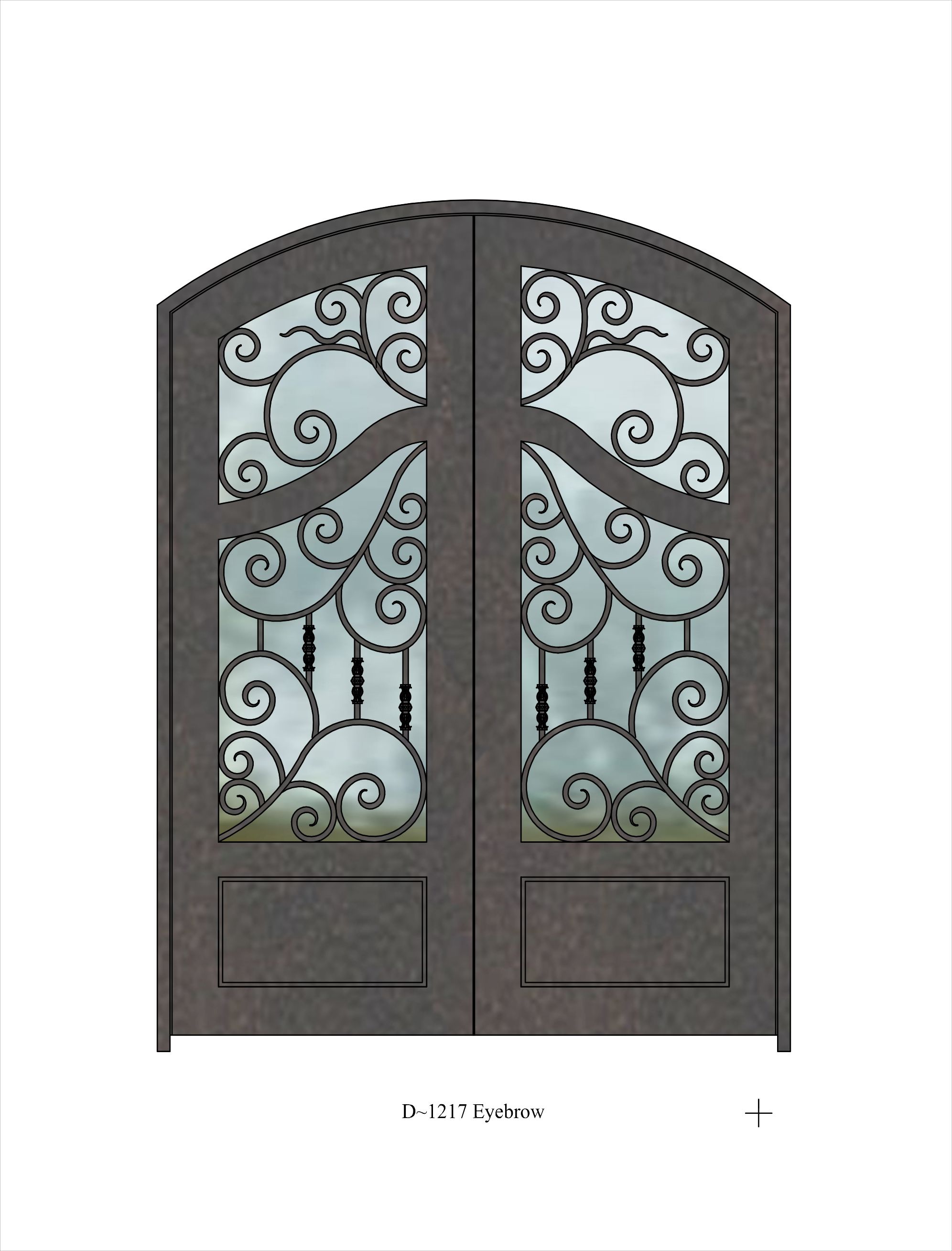 Eyebrow top door with intricate ironwork pattern over window