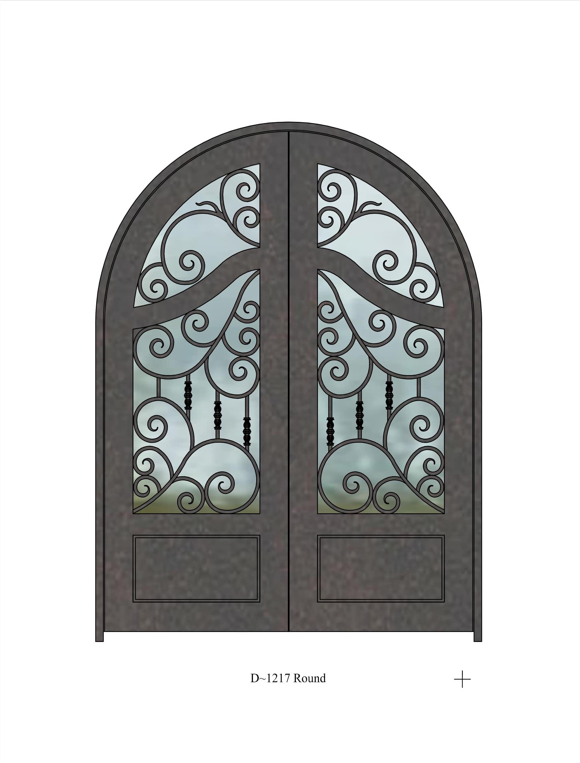 Round top door with intricate ironwork pattern over window