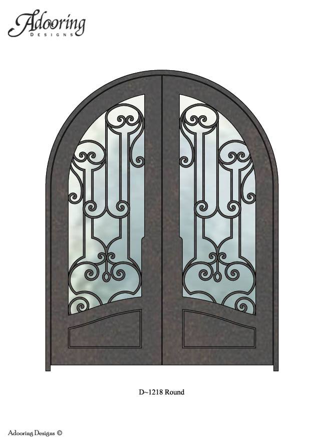 Round top door with complex ironwork pattern over window
