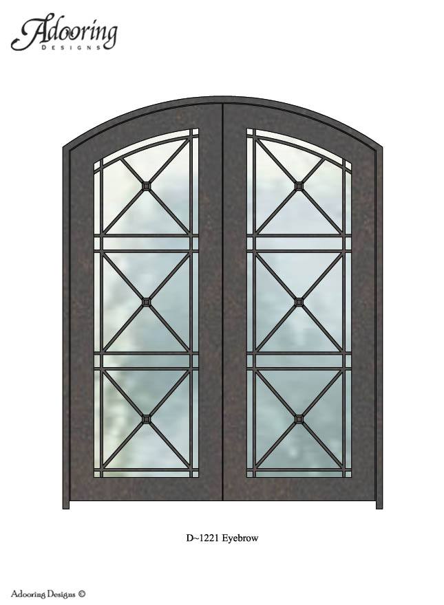 Eyebrow top door with geometric ironwork over large windows