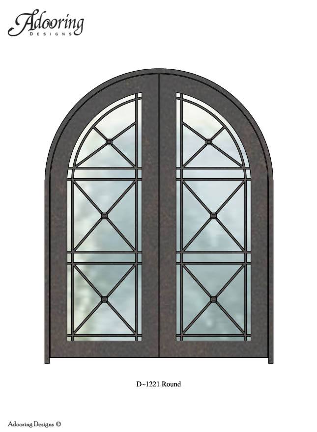 Round top door with geometric ironwork over large windows