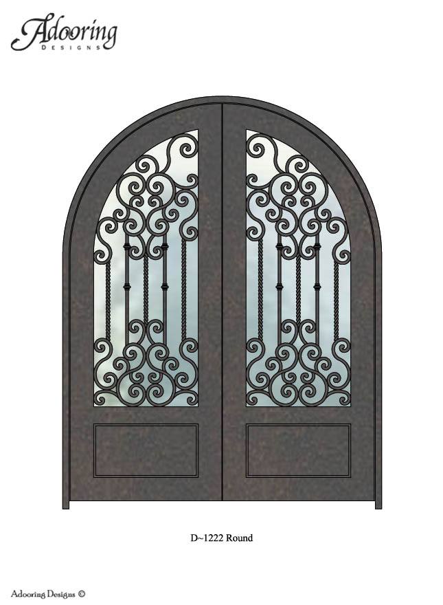 Intricate ironwork design over large window in Round top door