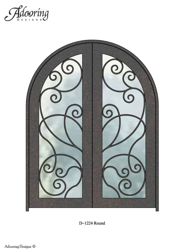 Intricate ironwork pattern over large window in Round top door