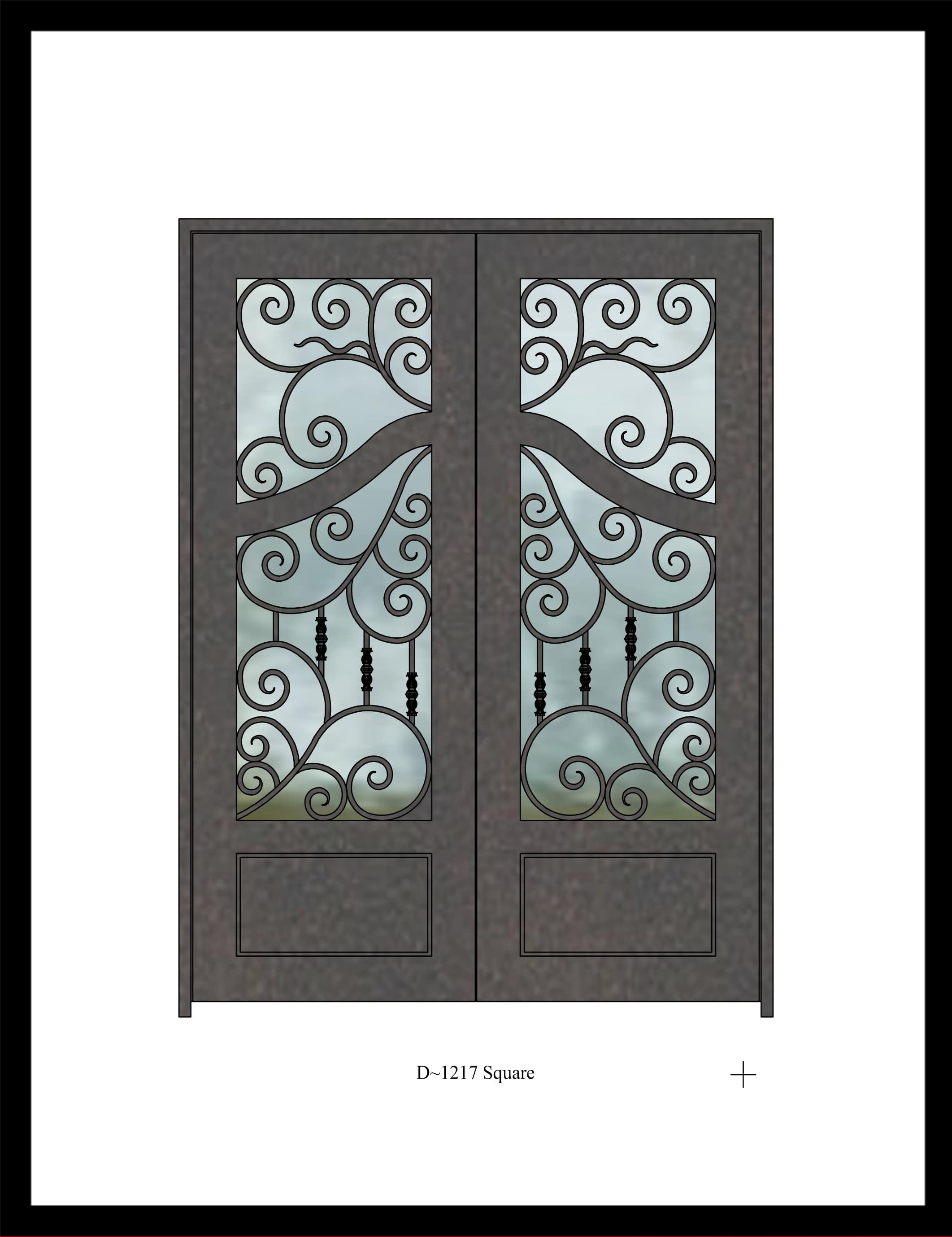 Square top iron door with complex design