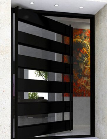 Large black finish iron front door with strips of iron and glass