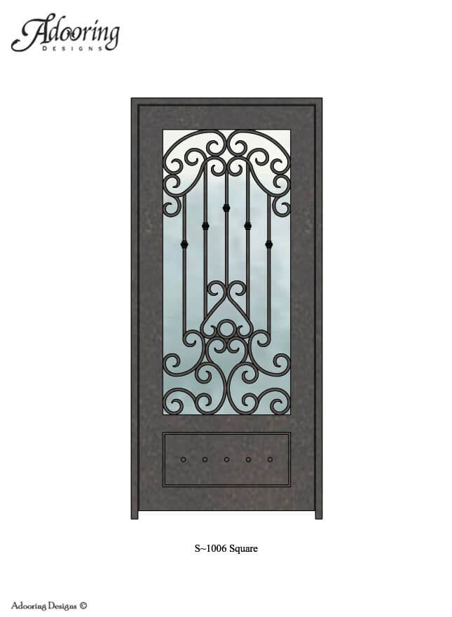 Square top door with large window and complex ironwork pattern