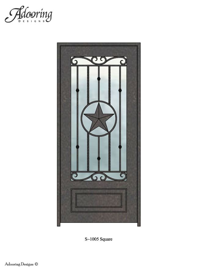 Square top iron door with large window and intricate desig