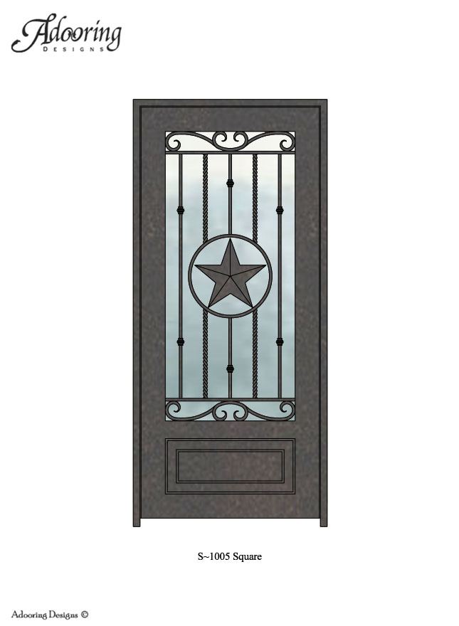 Square top iron door with large window and intricate design