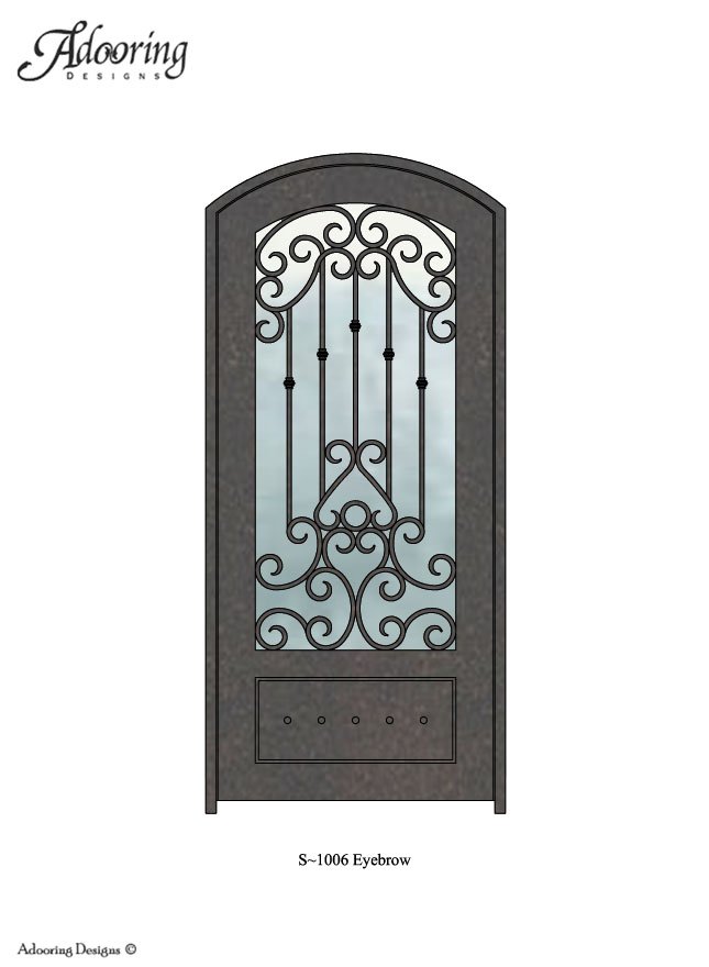 Eyebrow top iron door with large window and complex design