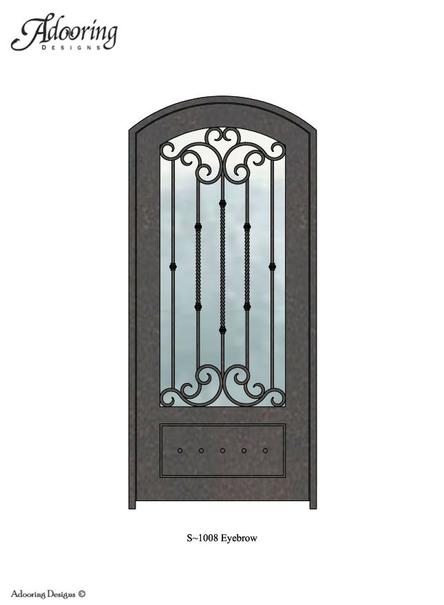 Eyebrow top iron door with large window and complex pattern