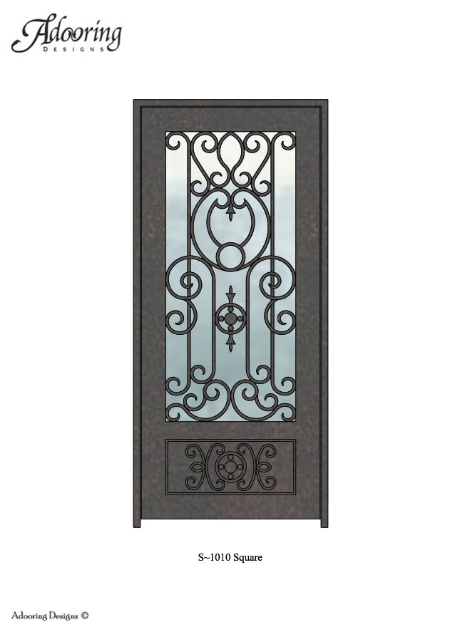 Large window in Square top iron door with complex design
